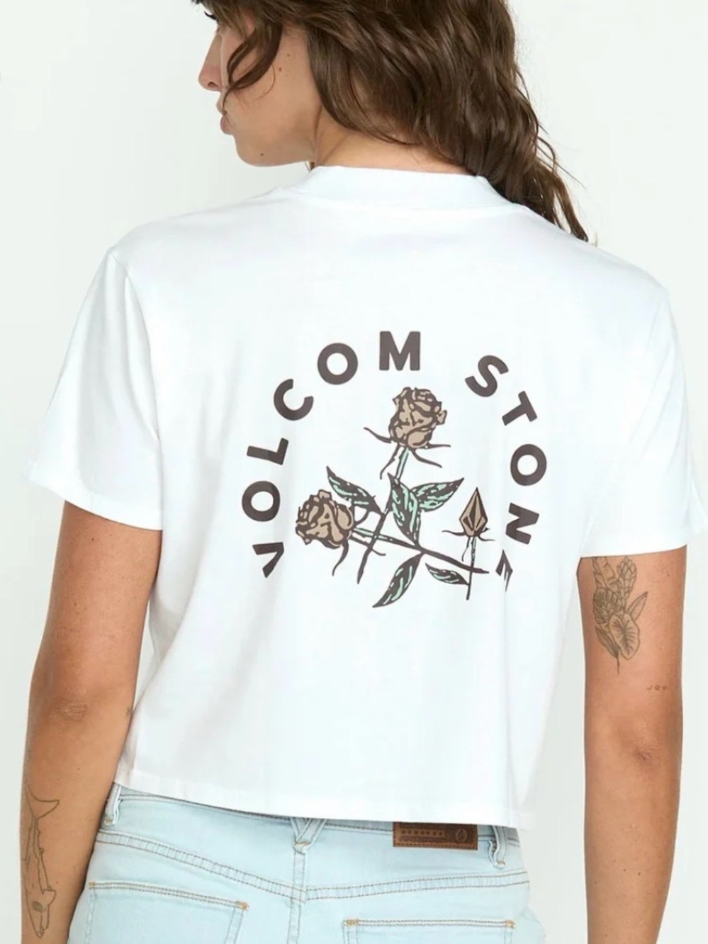 Volcom Dial Crop Tee White with Brown Rose Graphic